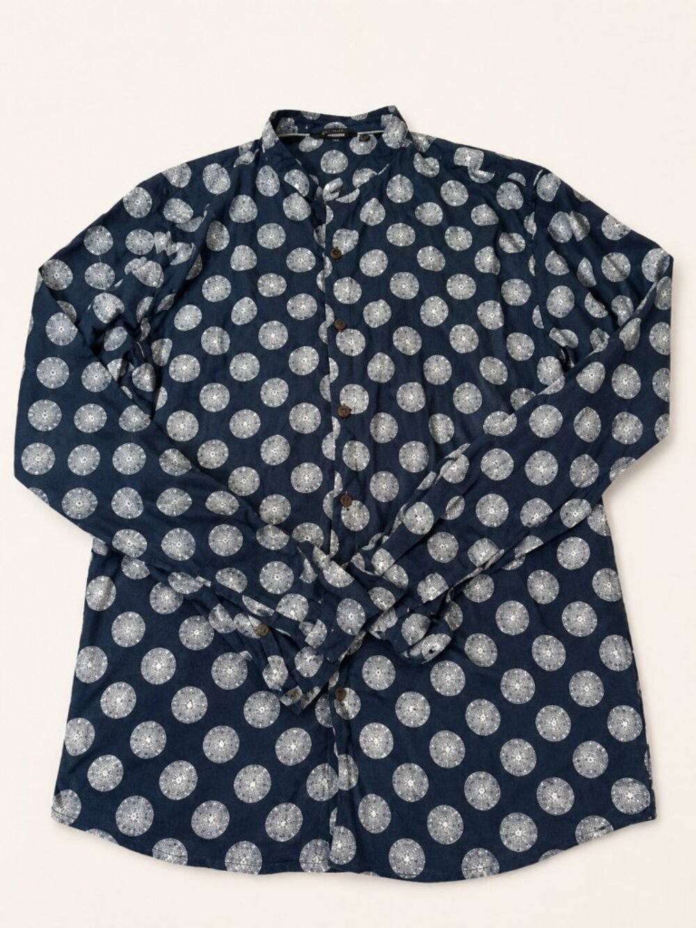 Mélange Men’s Kurta Shirt L Navy White Medallion Print Band Collar